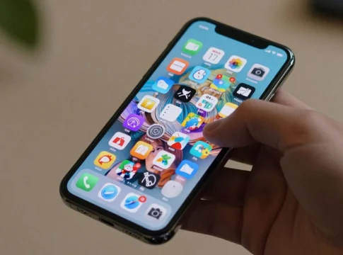 Mobilní telefon s několika novými ikonami aplikací.