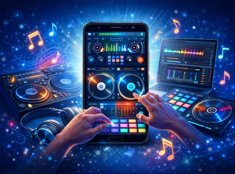 DJ mixando músicas em um equipamento profissional.