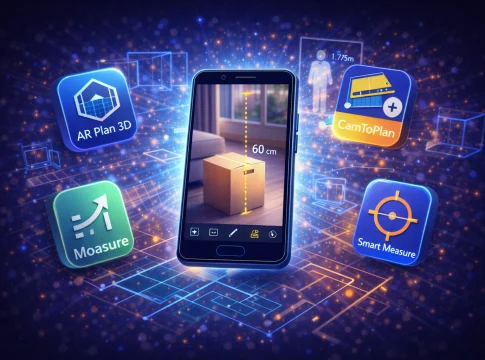 Mobilní telefon měřící objekty pomocí fotoaparátu smartphonu.