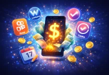 Mão segurando celular com ícones de aplicativos e dinheiro.