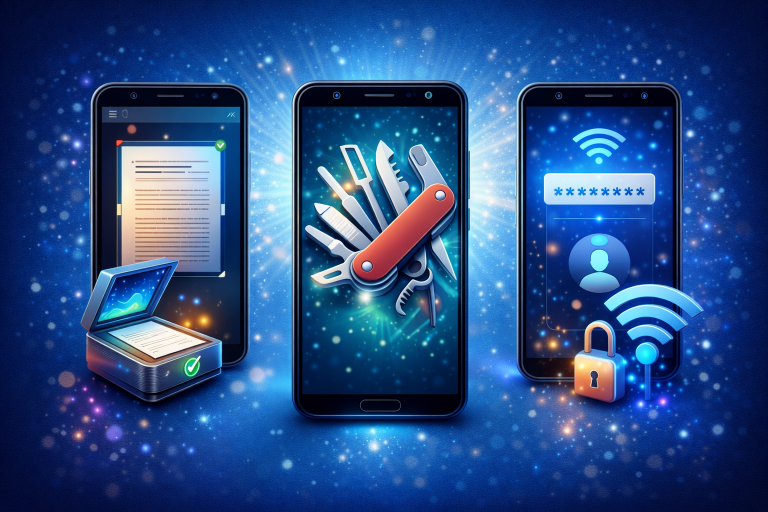 Três telas de aplicativos coloridas em smartphones.