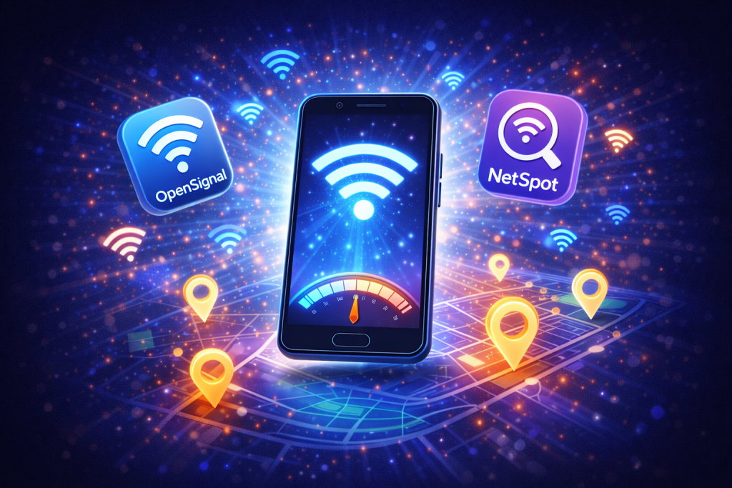 Pessoas usando smartphones para encontrar Wi-Fi gratuito.