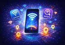 Pessoas usando smartphones para encontrar Wi-Fi gratuito.