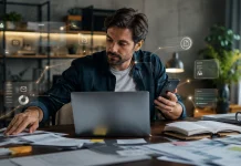 Profissional organiza tarefas com apoio de inteligência artificial.