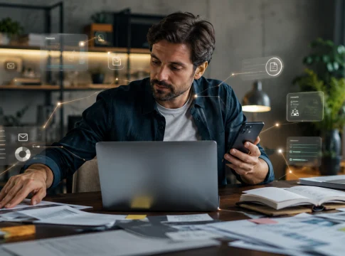 Profissional organiza tarefas com apoio de inteligência artificial.