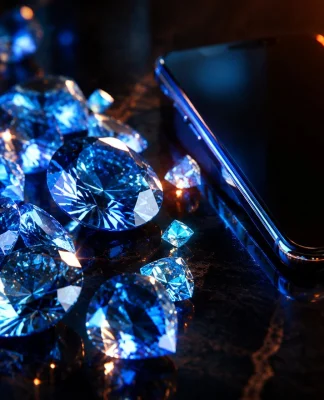 Diamantes azuis brilhando ao lado de um celular