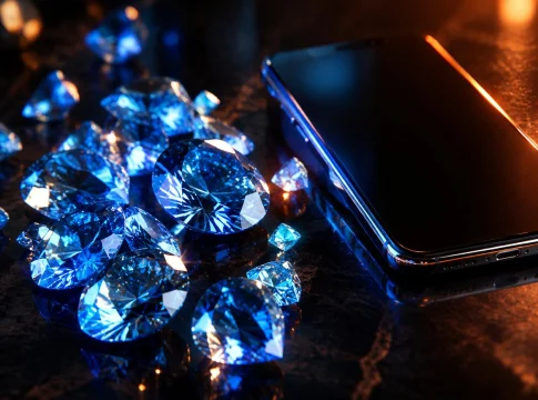 Diamantes azuis brilhando ao lado de um celular
