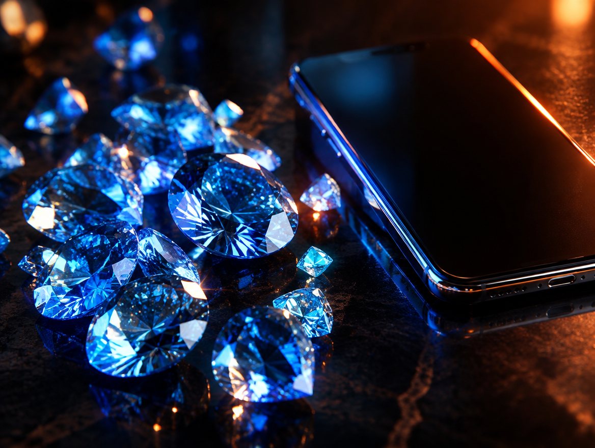 Diamantes azuis Diamantes azuis brilhando ao lado de um celular