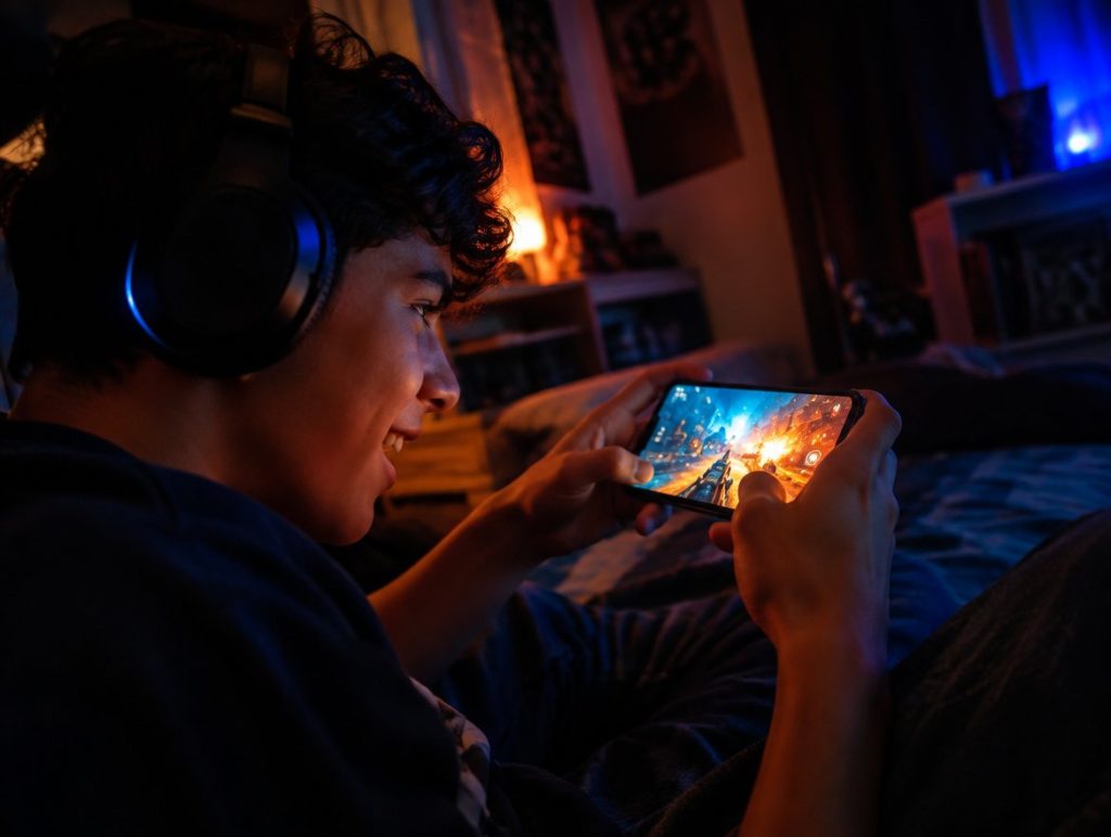 Jovem de fone de ouvido jogando um jogo de tiro no celular em um quarto com luz laranja e azul