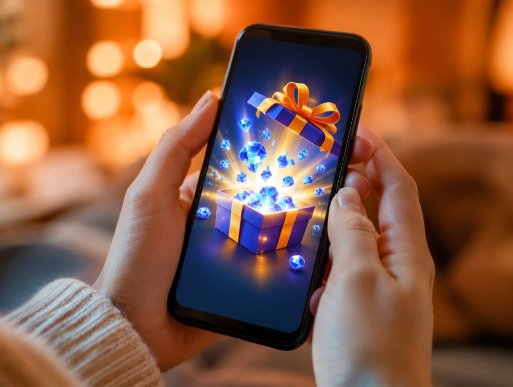 Mãos segurando um celular com uma caixa de presente se abrindo e diamantes azuis saindo da tela