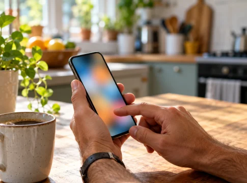 Mãos segurando o celular sobre a mesa da cozinha ajustando as configurações