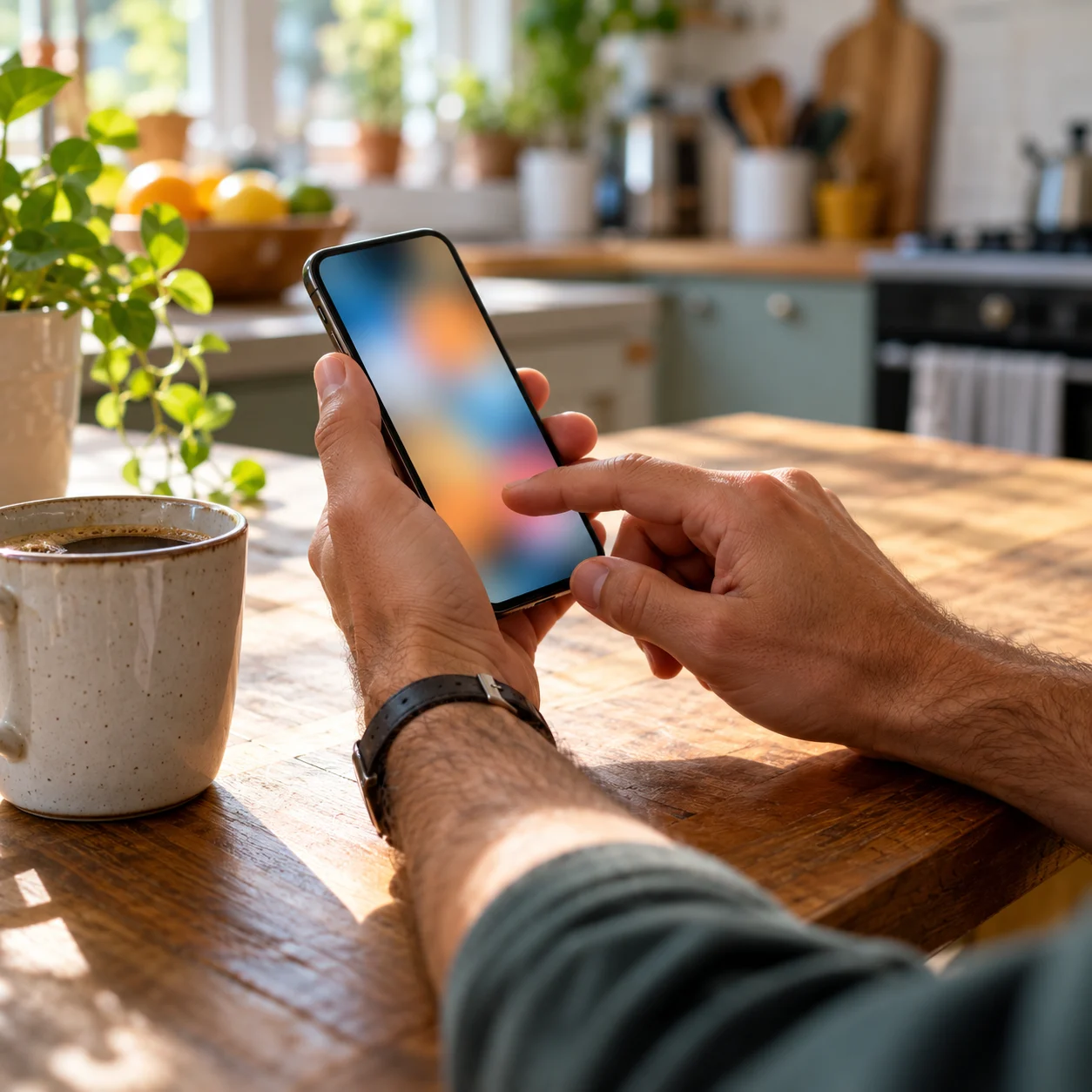 Mãos segurando o celular sobre a mesa da cozinha ajustando as configurações