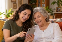 Neta mostrando o celular para a avó no sofá e explicando como evitar golpes