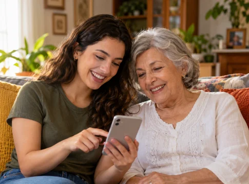 Neta mostrando o celular para a avó no sofá e explicando como evitar golpes