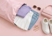 Sacola de envio rosa aberta com roupas dobradas, tênis branco, óculos de sol e bolsa rosa