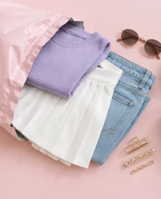 Sacola de envio rosa aberta com roupas dobradas, tênis branco, óculos de sol e bolsa rosa