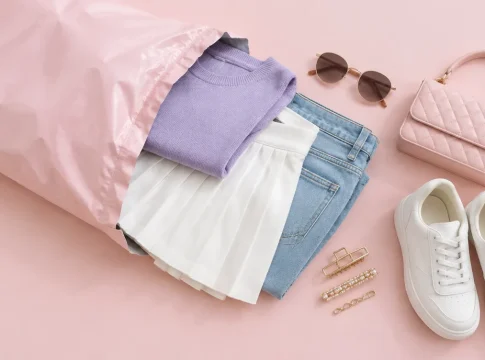 Sacola de envio rosa aberta com roupas dobradas, tênis branco, óculos de sol e bolsa rosa