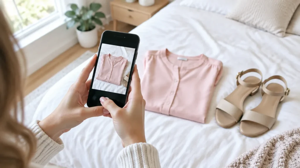 Mãos segurando um celular e fotografando uma blusa rosa dobrada sobre a cama