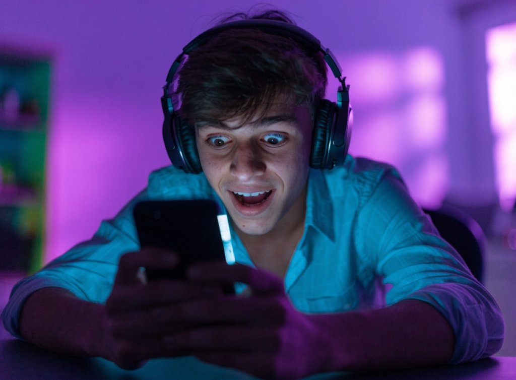 Jovem de fone de ouvido olhando surpreso para a tela do celular em um quarto com luz roxa